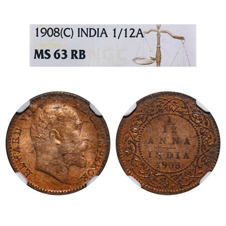Edward VII, Bronze, 1/12 Anna, 1908, Calcutta Mint, No mint mark. F. Prid 824. GK 1018. NG