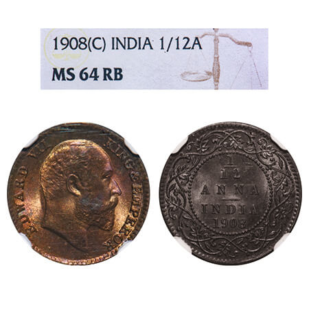 Edward VII, Bronze, 1/12 Anna, 1908, Calcutta Mint, No mint mark. F. Prid 824. GK 1018. NG