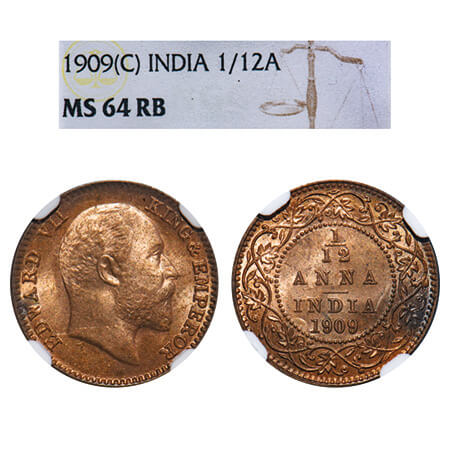 Edward VII, Bronze, 1/12 Anna, 1909, Calcutta Mint, No mint mark. F. Prid 825. GK 1019. NG