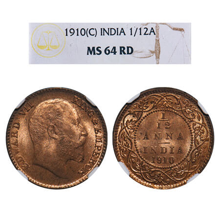 Edward VII, Bronze, 1/12 Anna, 1910, Calcutta Mint, No mint mark. F. Prid 826. GK 1020. NG