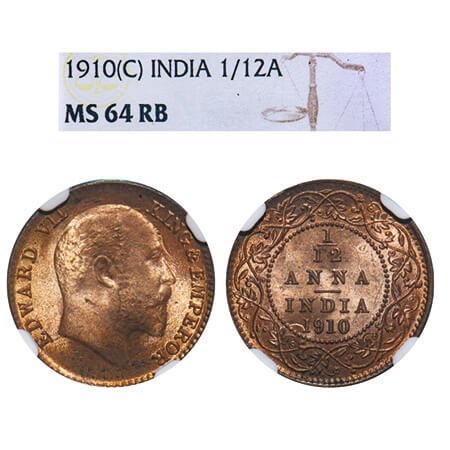 Edward VII, Bronze, 1/12 Anna, 1910, Calcutta Mint, No mint mark. F. Prid 826. GK 1020. NG