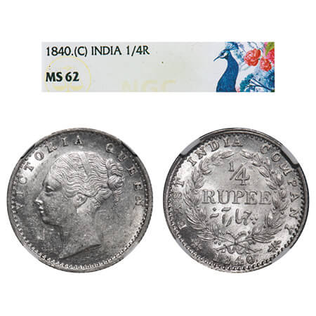 Victoria Queen, Silver, 1/4 Rupee, 1840, CL, Calcutta Mint, C/II, Indian Head, Wreath with