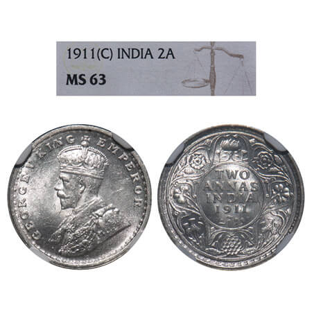 George V, Silver, 2 Annas, 1911, Calcutta Mint, No dot, Pig type. F. Prid 564. GK 1107. NG
