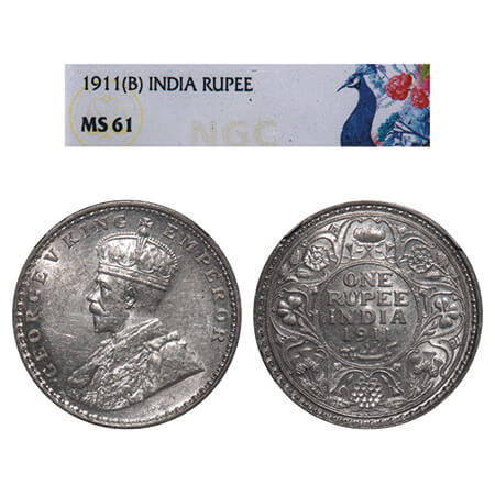 George V, Silver, Rupee, 1911, Bombay Mint, Dot, Pig-type. F. Prid 217. GK 1022. NGC Slabb