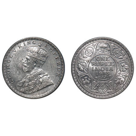 George V, Silver, Rupee, 1913, Calcutta Mint, No dot, Elephant. F. Prid 209. GK 1027. Unci