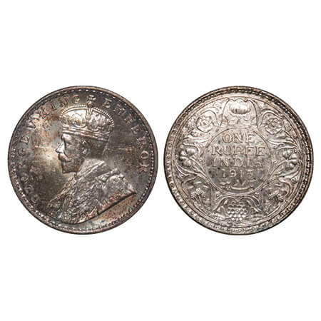George V, Silver, Rupee, 1913, Bombay Mint, Dot, Elephant, Die crack on Rev. F. Prid 219. 