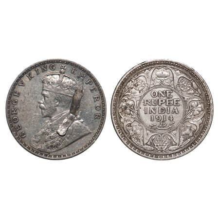George V, Silver, Rupee, 1914, Calcutta Mint, No dot, Elepahnt, Planchate flaw on Obv. F. 