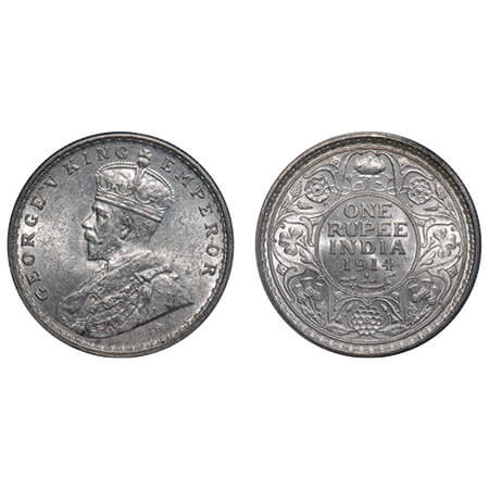 George V, Silver, Rupee, 1914, Calcutta Mint, No dot, Elephant. F. Prid 210. GK 1029. Unci