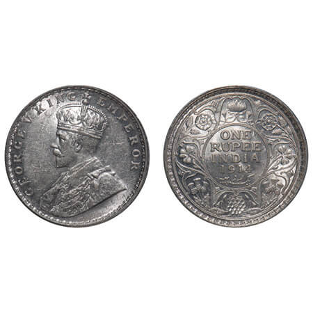 George V, Silver, Rupee, 1914, Calcutta Mint, No dot, Elephant. F. Prid 210. GK 1029. Unci