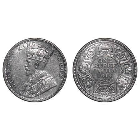 George V, Silver, Rupee, 1914, Bombay Mint, Dot. F. Prid 220. GK 1030. Brilliant Uncircula