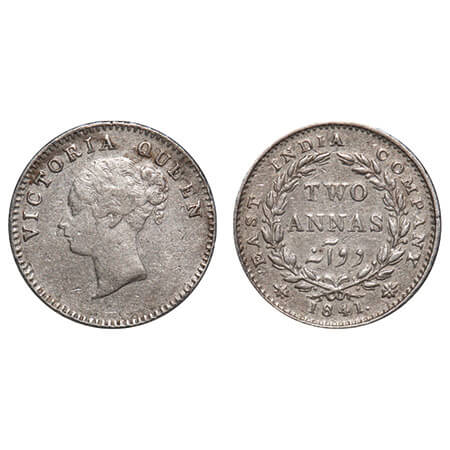 Victoria Queen, Silver, 2 Annas, 1841, CL, Calcutta Mint, A(a)/I, Wreath with 16 Berries (
