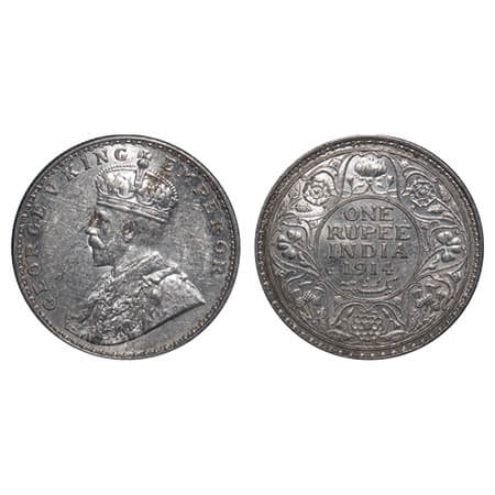 George V, Silver, Rupee, 1914, Bombay Mint, Dot, Elephant. F. Prid 220. GK 1030. Uncircula