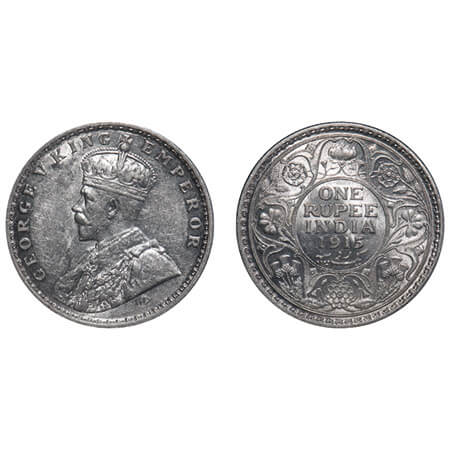 George V, Silver, Rupee, 1915, Calcutta Mint, No dot, Elephant. F. Prid 211. GK 1031. Unci