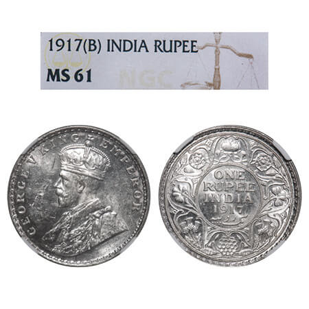 George V, Silver, Rupee, 1917, Bombay Mint, Dot, Elephant. F. Prid 223. GK 1036. NGC Slabb
