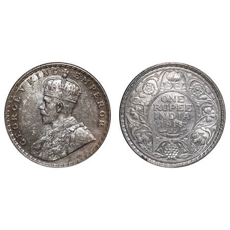 George V, Silver, Rupee, 1918, Bombay Mint, Dot, Elephant, Ghost on Rev. F. Prid 224. GK 1