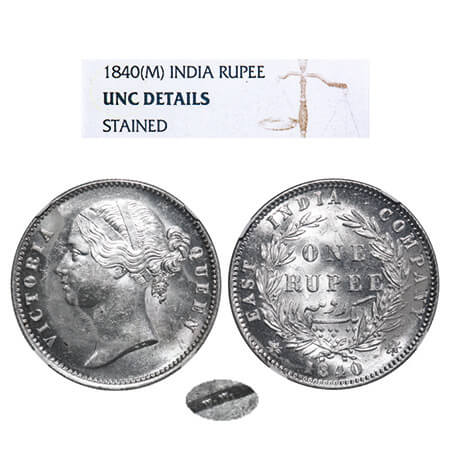 Victoria Queen, Silver, Rupee, 1840, DL, Calcutta Mint, W.W. raised, Wreath with 28 Berrie