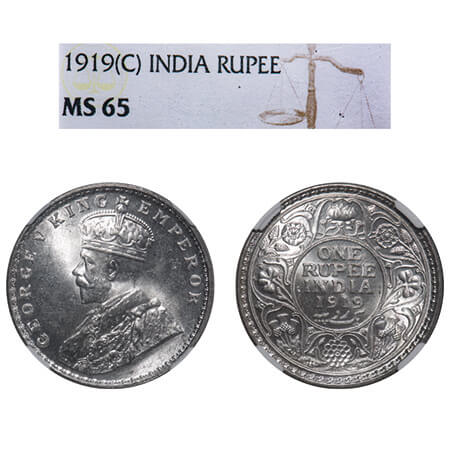 George V, Silver, Rupee, 1919, Calcutta Mint, No dot, Elephant. F. Prid 215. GK 1039. NGC 