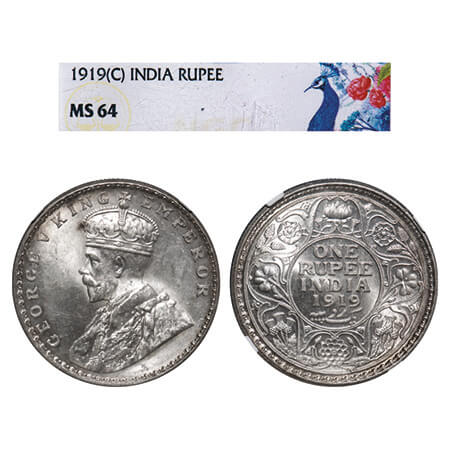 George V, Silver, Rupee, 1919, Calcutta Mint, No dot, Elephant. F. Prid 215. GK 1039. NGC 