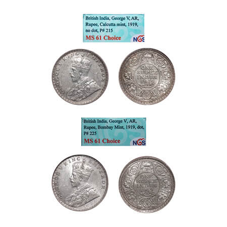 George V, Silver, Rupee, 1919, (2 slabs), 1) Calcutta Mint, No dot, Elephant, 2) Bombay Mi