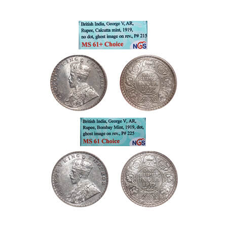 George V, Silver, Rupee, 1919, (2 slabs), 1) Calcutta Mint, No dot, Elephant, 2) Bombay Mi