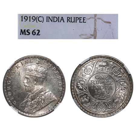 George V, Silver, Rupee, 1919, Calcutta Mint, No dot, Elephant. F. Prid 215. GK 1039. NGC 