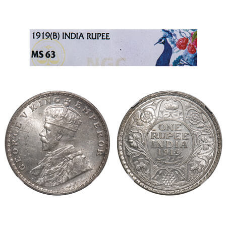 George V, Silver, Rupee, 1919, Bombay Mint, Dot, Elephant. F. Prid 225. GK 1040. NGC Slabb