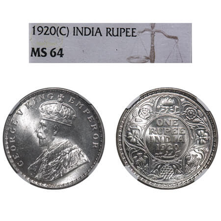George V, Silver, Rupee, 1920, Calcutta Mint, No dot, Elephant. F. Prid 216. GK 1041. NGC 