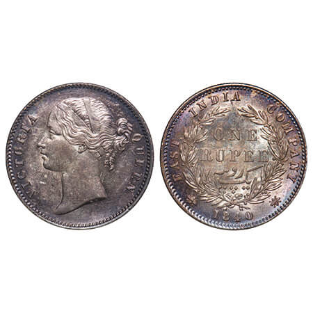 Victoria Queen, Silver, Rupee, 1840, DL, Calcutta Mint, W.W. raised, Wreath with 28 Berrie