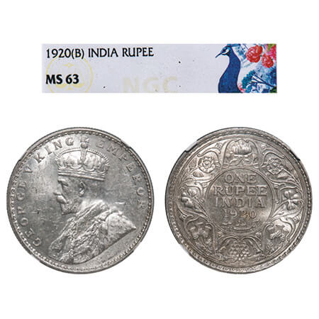 George V, Silver, Rupee, 1920, Bombay Mint, Dot, Elephant. F. Prid 226. GK 1042. NGC Slabb