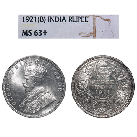 George V, Silver, Rupee, 1921, Bombay Mint, Dot, Elephant. F. Prid 227. GK 1043. NGC Slabb