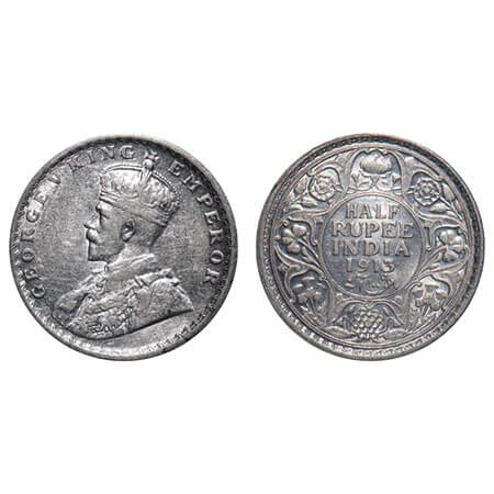 George V, Silver, Half Rupee, 1913, Calcutta Mint, No dot, Elephant. F. Prid 320. GK 1048.