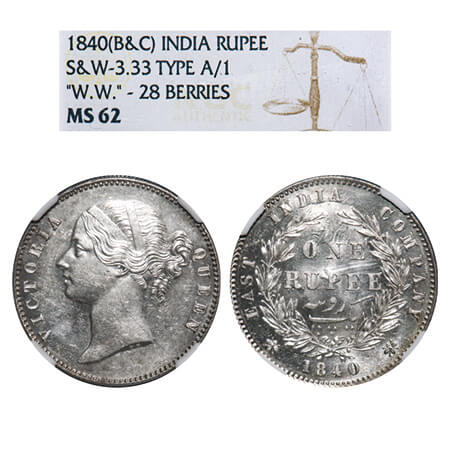 Victoria Queen, Silver, Rupee, 1840, DL, Calcutta Mint, W.W. raised, Wreath with 28 Berrie