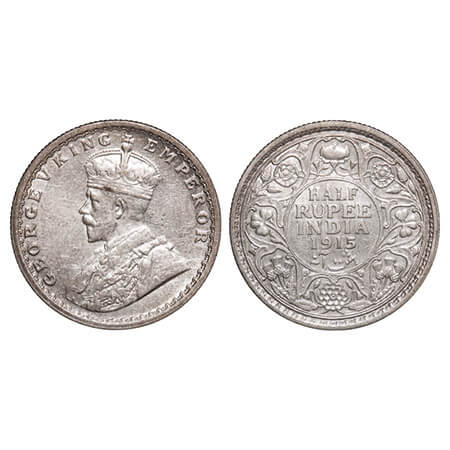 George V, Silver, Half Rupee, 1915, Calcutta Mint, No dot, Elephant, Single Mint coin. F. 