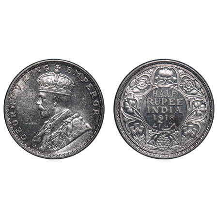 George V, Silver, Half Rupee, 1918, Bombay Mint, Dot, Elephant. F. Prid 342. GK 1056. Mint