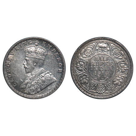 George V, Silver, Half Rupee, 1918, Bombay Mint, Dot, Elephant. F. Prid 342. GK 1056. Unci