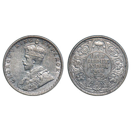 George V, Silver, Half Rupee, 1919, Bombay Mint, Dot, Elephant. F. Prid 343. GK 1057. Abou