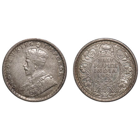 George V, Silver, Half Rupee, 1921, Calcutta Mint, No dot, Elephant. F. Prid 324. GK 1058.