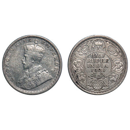 George V, Silver, Half Rupee, 1921, Calcutta Mint, No dot, Elephant. F. Prid 324. GK 1058.