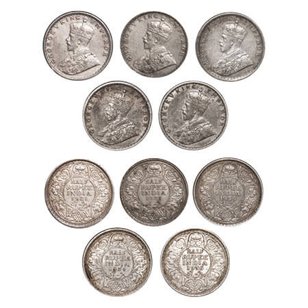 George V, Silver, Half Rupee, (5 coins), 1) 1921, Calcutta Mint, No dot, Elephant, 2) 1925