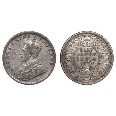 George V, Silver, Half Rupee, 1923, Calcutta Mint, No dot, Elephant. F. Prid 326. GK 1061.