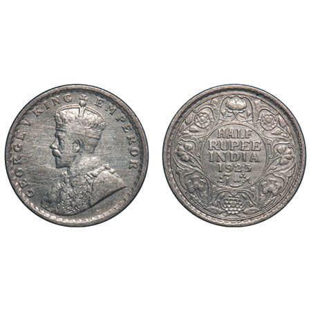 George V, Silver, Half Rupee, 1923, Calcautta Mint, No dot, Elephant, Ghost on Rev. F. Pri