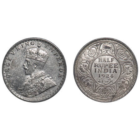 George V, Silver, Half Rupee, 1924, Calcutta Mint, No dot, Elephant. F. Prid 327. GK 1063.
