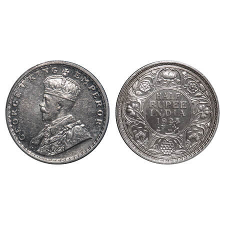 George V, Silver, Half Rupee, 1925, Calcutta Mint, No dot, Elephant, Ghost on Rev. F. Prid