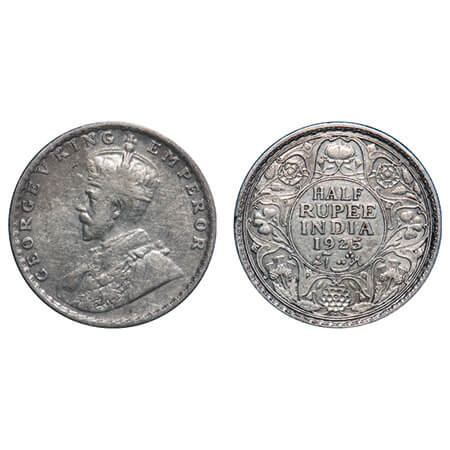 George V, Silver, Half Rupee, 1925, Bombay Mint, Dot, Elephant. F. Prid 347. GK 1066. Extr
