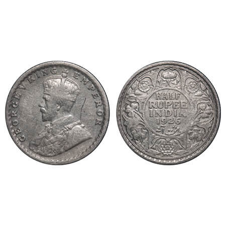 George V, Silver, Half Rupee, 1926, Calcutta Mint, No dot, Elephant. F. Prid 329. GK 1067.