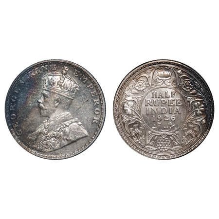 George V, Silver, Half Rupee, 1926, Bombay Mint, Dot, Elephant. F. Prid 348. GK 1068. Unci