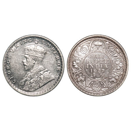George V, Silver, Half Rupee, 1927, Calcutta Mint, No dot, Elephant, Single Mint coin. F. 