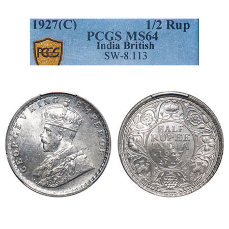 George V, Silver, Half Rupee, 1927, Calcutta Mint, No dot, Elephant, Single Mint coin. F. 