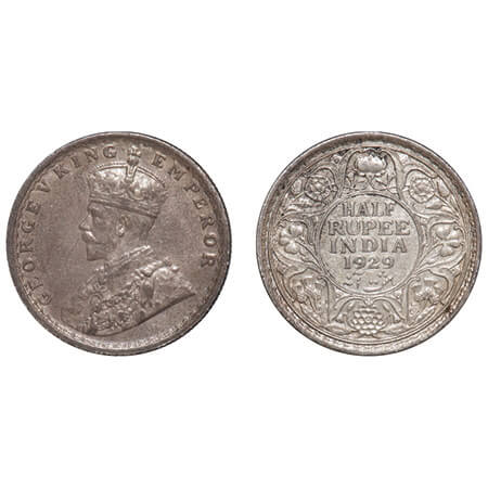 George V, Silver, Half Rupee, 1929, Calcutta Mint, No dot, Elephant. F. Prid 331. GK 1071.