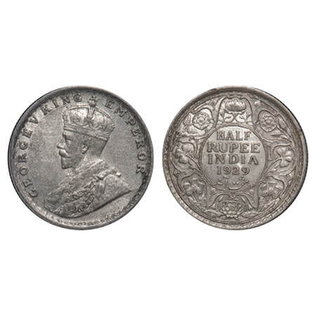 George V, Silver, Half Rupee, 1929, Calcutta Mint, No dot, Elephant. F. Prid 331. GK 1071.